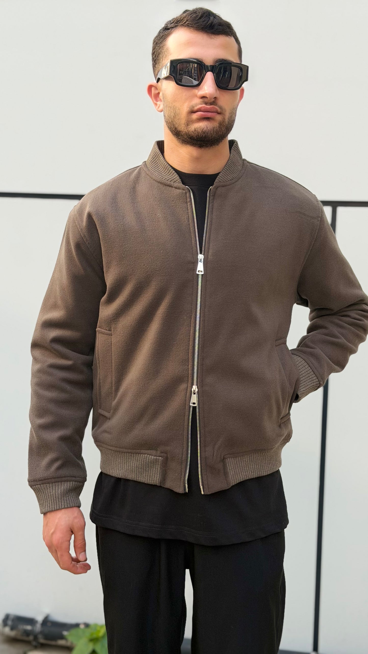 X-2034 Men’s Wool-Look Lined Bomber Jacket – Taupe Brown