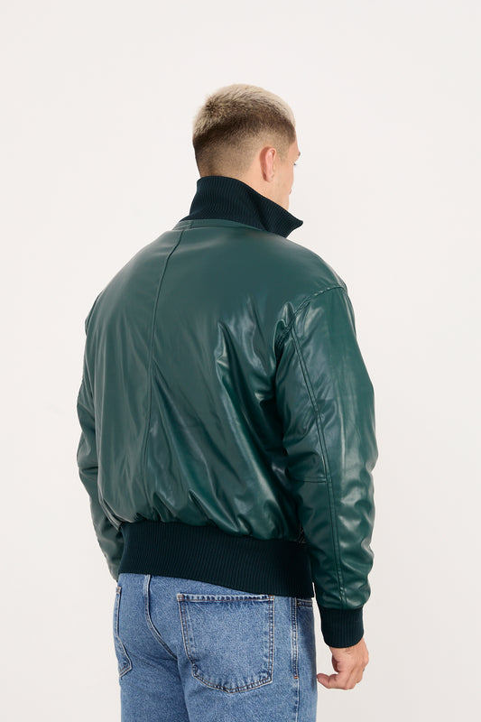 X-2040 Men’s Vegan Leather Bomber Jacket – Dark Green Zip-Up Faux Leather Jacket
