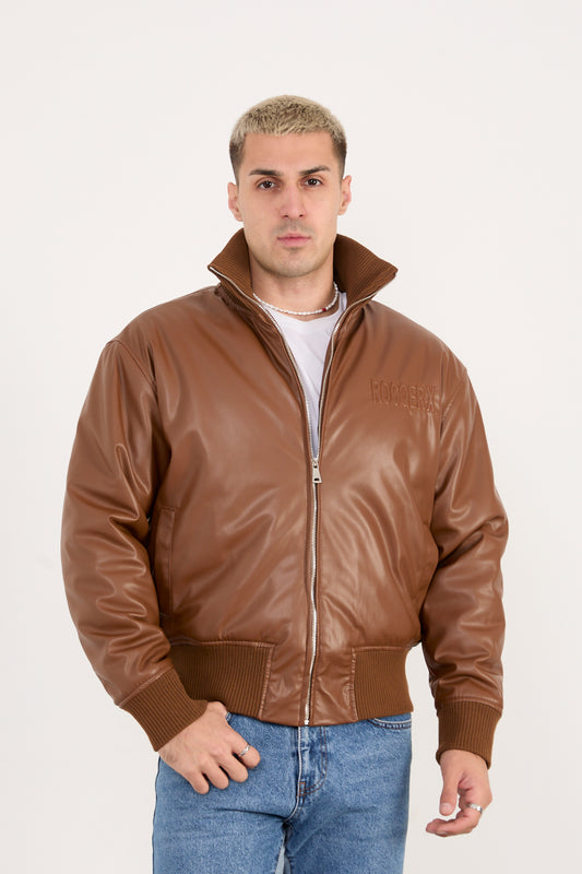 X-2040 Men’s Vegan Leather Bomber Jacket – Brown Zip-Up Faux Leather Jacket