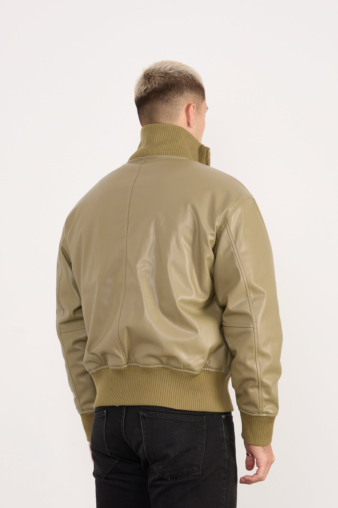 X-2040 Men’s Vegan Leather Bomber Jacket – Olive Zip-Up Faux Leather Jacket