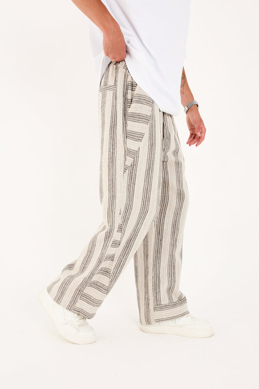 Elastic Waist Striped Muslin Pants with Stitch Detail R-4434
