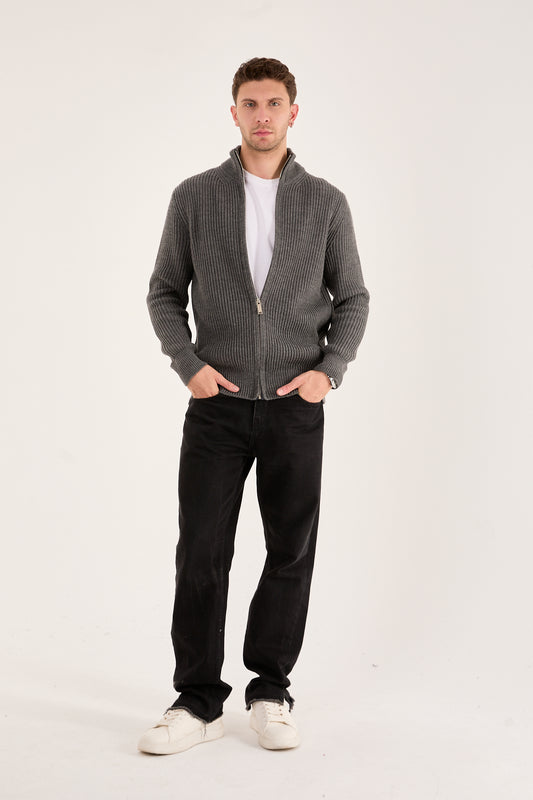 X-5003 Men’s Grey Ribbed Zip-Up Knit Cardigan – Premium Heavy Knit