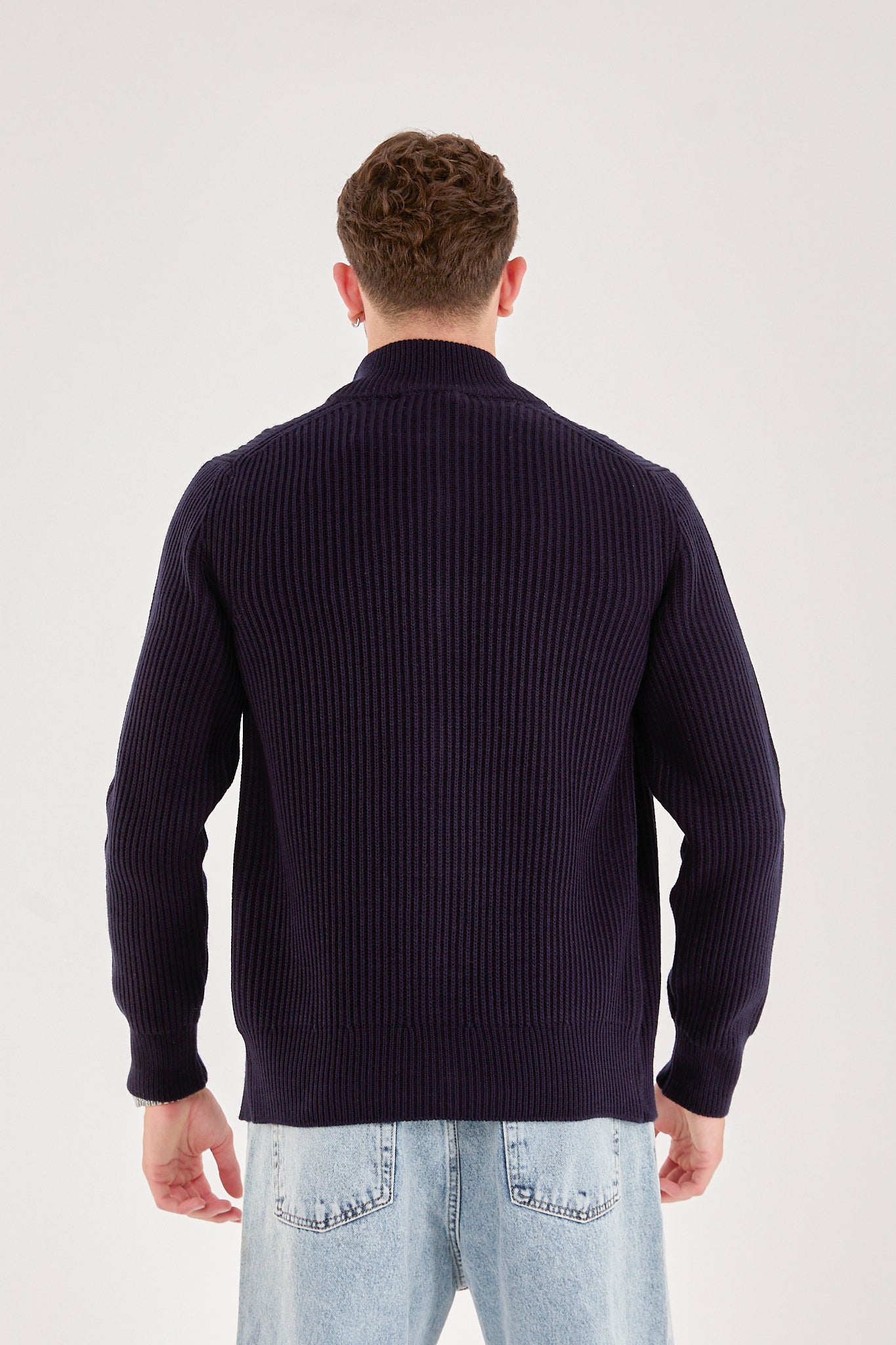 X-5003 Men’s Deep Navy Ribbed Zip-Up Knit Cardigan – Premium Heavy Knit