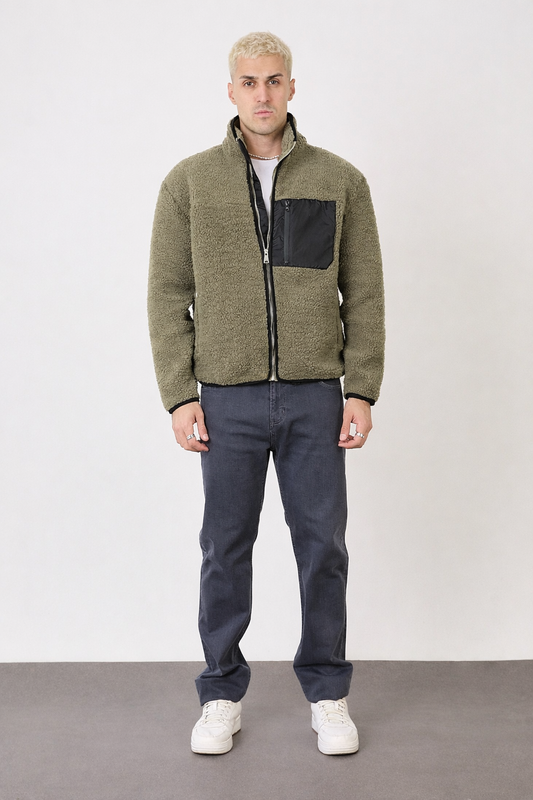 Men’s Green Zip-Up High Neck Jacket – Contrast Pocket-X-2043