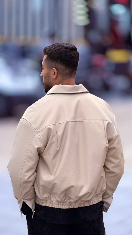 X-2014 Men’s Vegan Leather Bomber Jacket – Cream | Oversized Fit with Quilted Polyester Lining