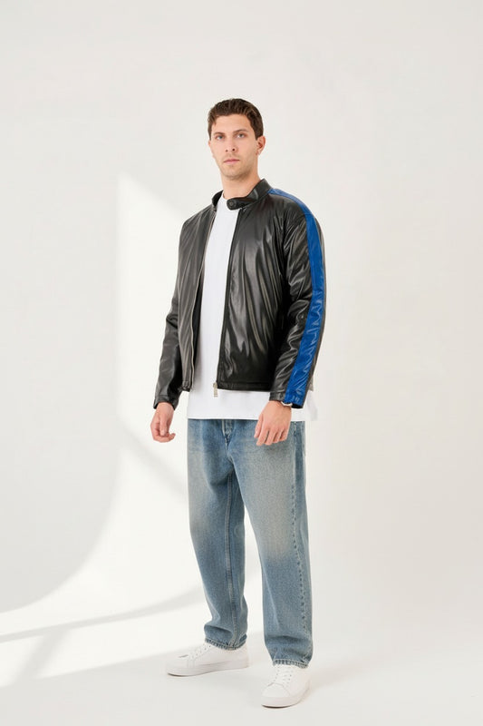 X-2016 Mens Biker Jacket Faux Leather Black with Sax