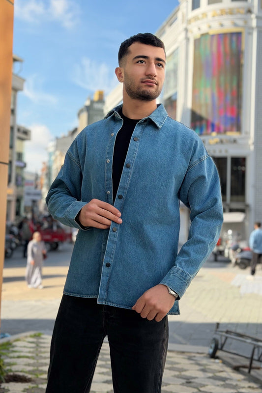 Washed Denim Stand-Collar Shirt R-6011