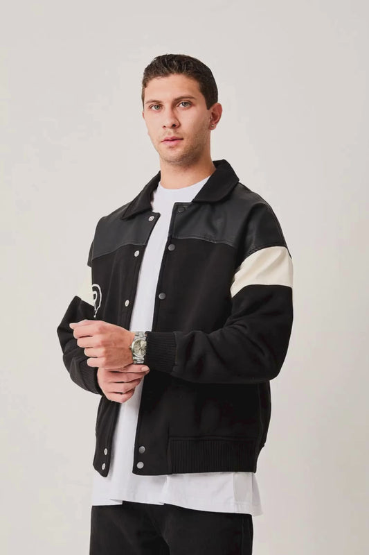 X-2005 Mens Varsity Bomber Jacket Black Snap Button Faux Leather Shoulder Panel Color Block Sleeve Ribbed Hem Fleece Lined