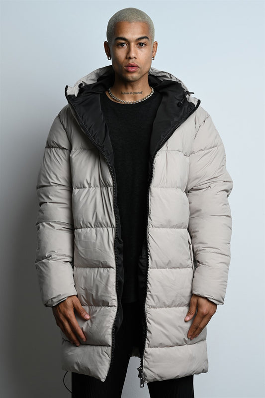 R-2332 Longline Hooded Puffer Jacket — Weather-Resistant, Sleeve Zippe