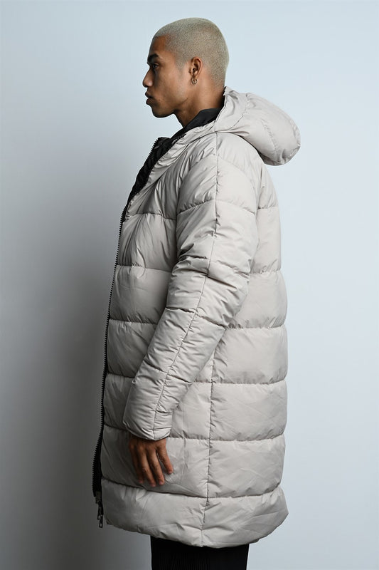 R-2332 Longline Hooded Puffer Jacket — Weather-Resistant, Sleeve Zippe