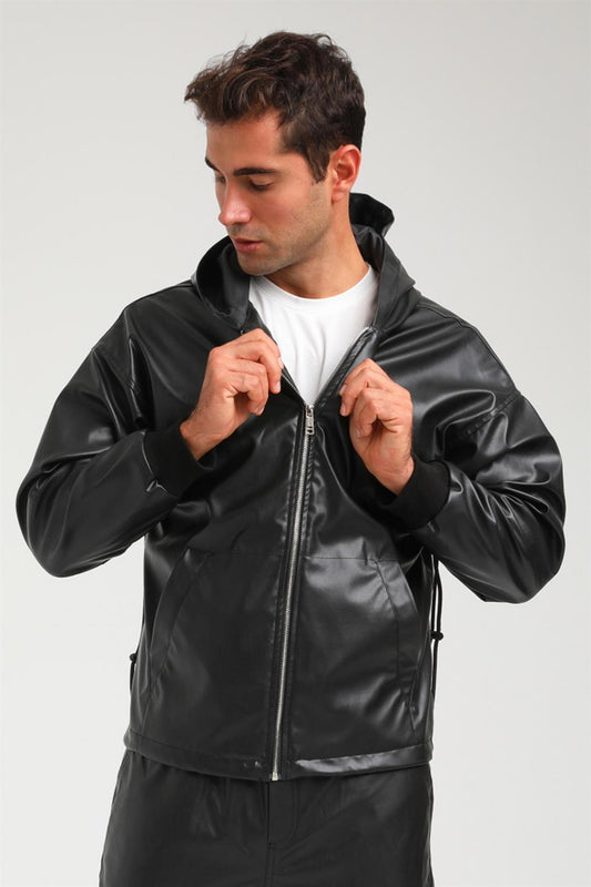 R-2411 Street-Ready Faux-Leather Jacket – Mesh/Lined Hood, Side Bungee Stoppers