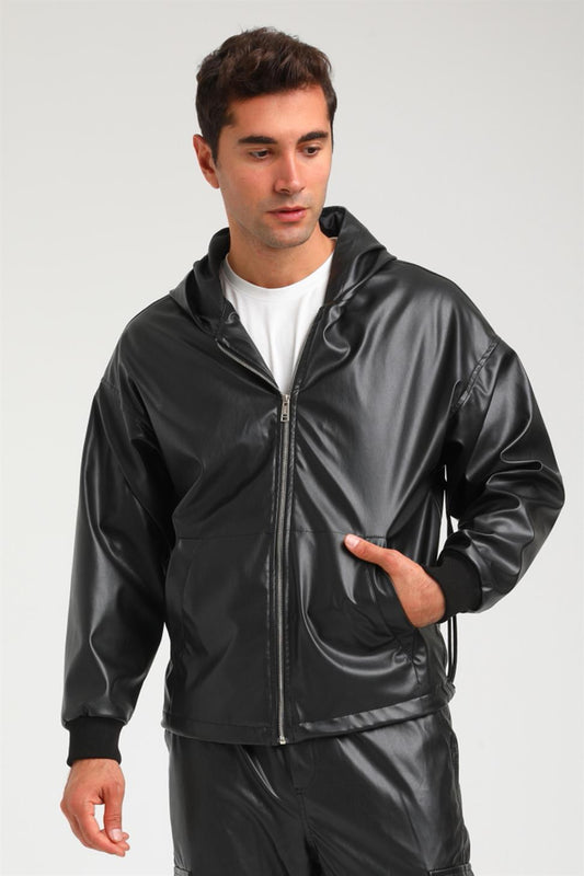 R-2411 Street-Ready Faux-Leather Jacket – Mesh/Lined Hood, Side Bungee Stoppers