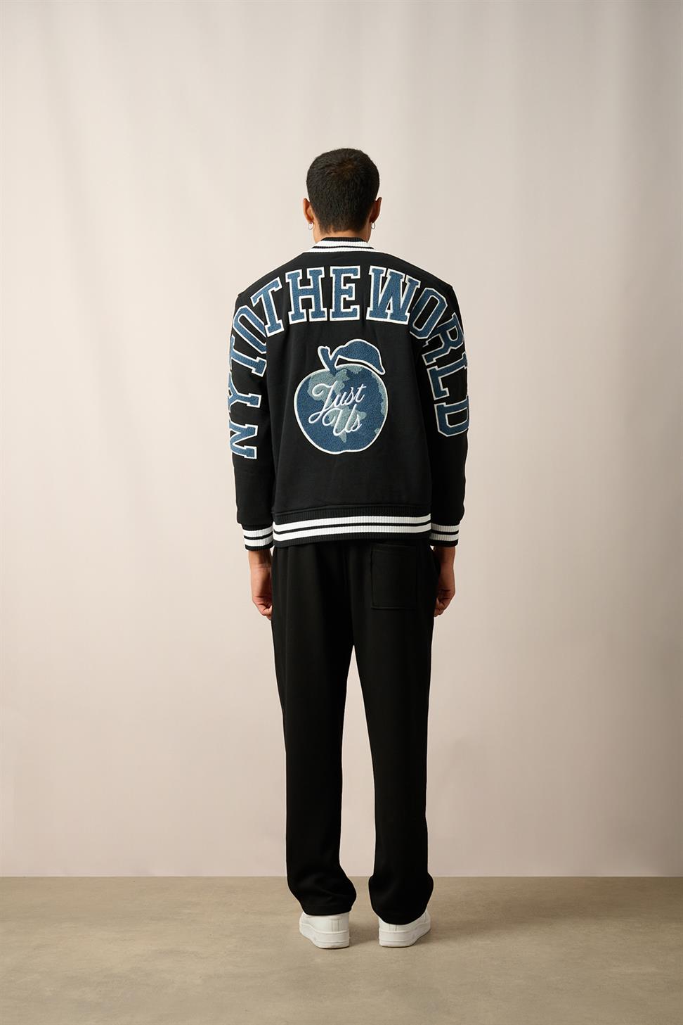 R-2429 Men’s Embroidered Fleece-Lined College Jacket – Black
