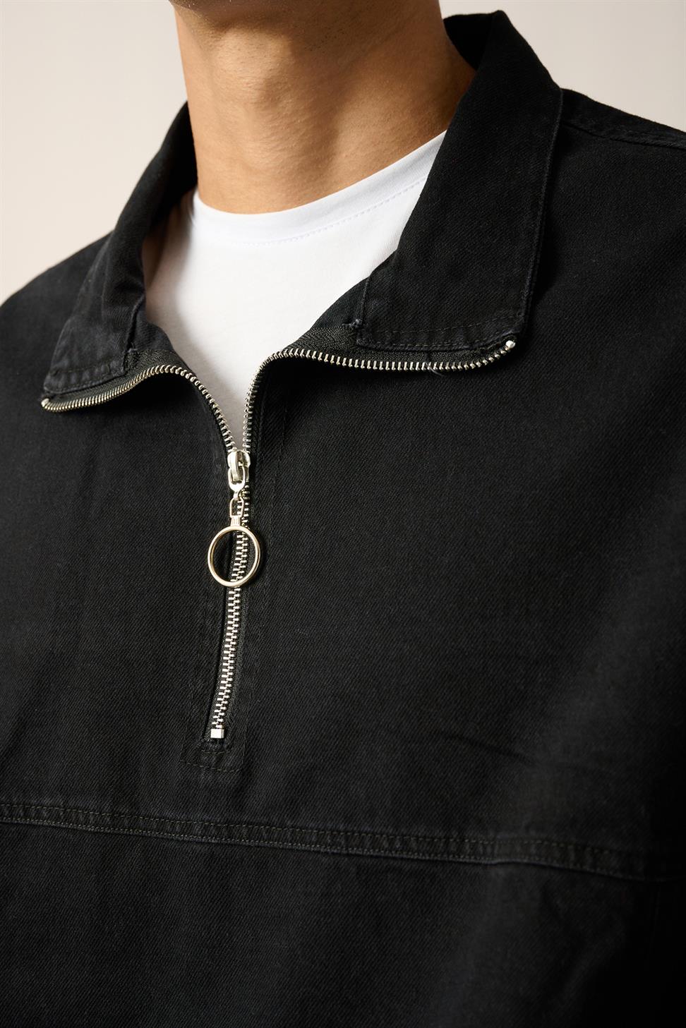 R-2454 Black Half-Zip Denim Sweatshirt with Elastic Hem and Cuffs
