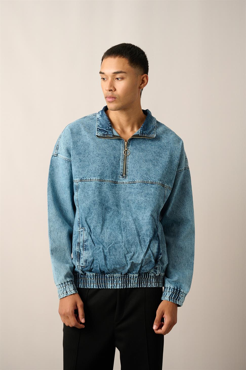 R-2454 Blue Half-Zip Denim Sweatshirt with Elastic Hem and Cuffs