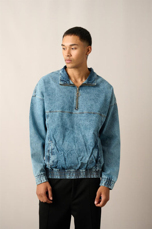 R-2454 Blue Half-Zip Denim Sweatshirt with Elastic Hem and Cuffs