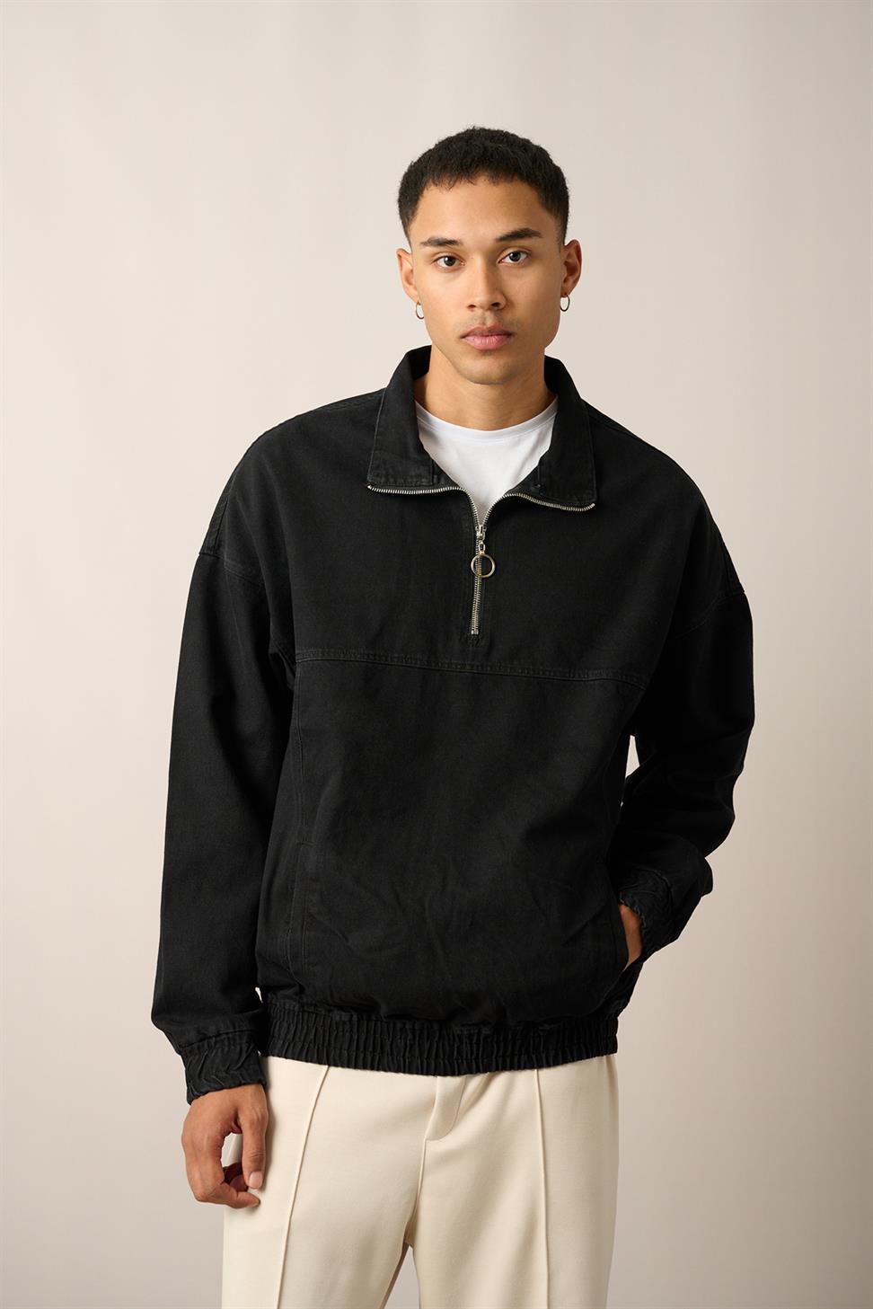 R-2454 Black Half-Zip Denim Sweatshirt with Elastic Hem and Cuffs