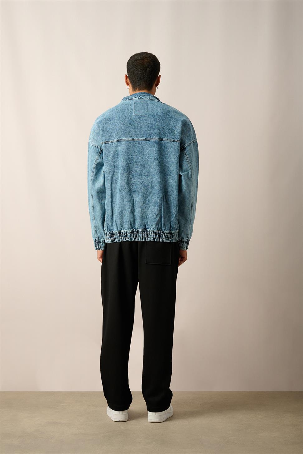 R-2454 Blue Half-Zip Denim Sweatshirt with Elastic Hem and Cuffs