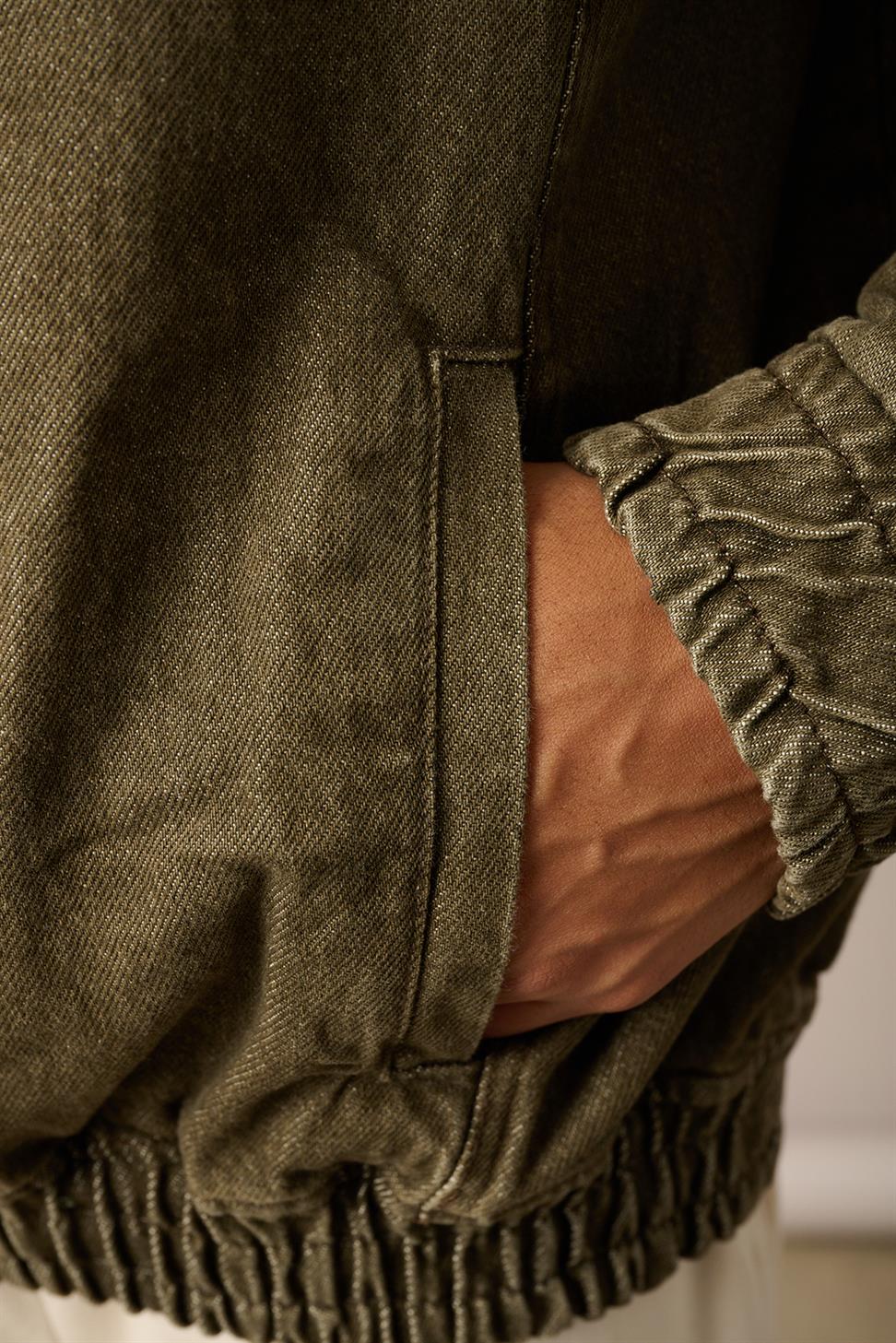 R-2454 Green Half-Zip Denim Sweatshirt with Elastic Hem and Cuffs