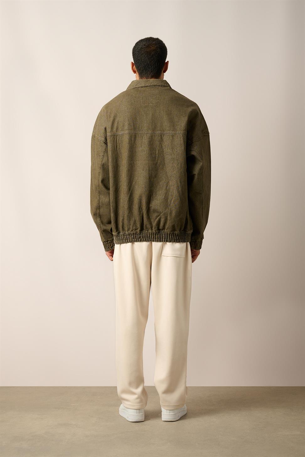 R-2454 Green Half-Zip Denim Sweatshirt with Elastic Hem and Cuffs