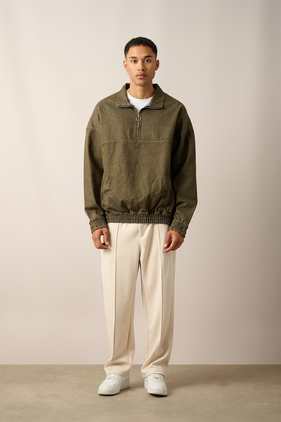 R-2454 Green Half-Zip Denim Sweatshirt with Elastic Hem and Cuffs