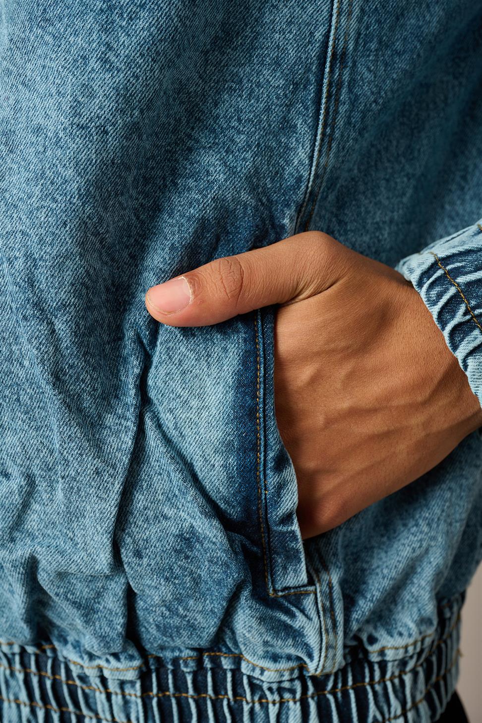 R-2454 Blue Half-Zip Denim Sweatshirt with Elastic Hem and Cuffs