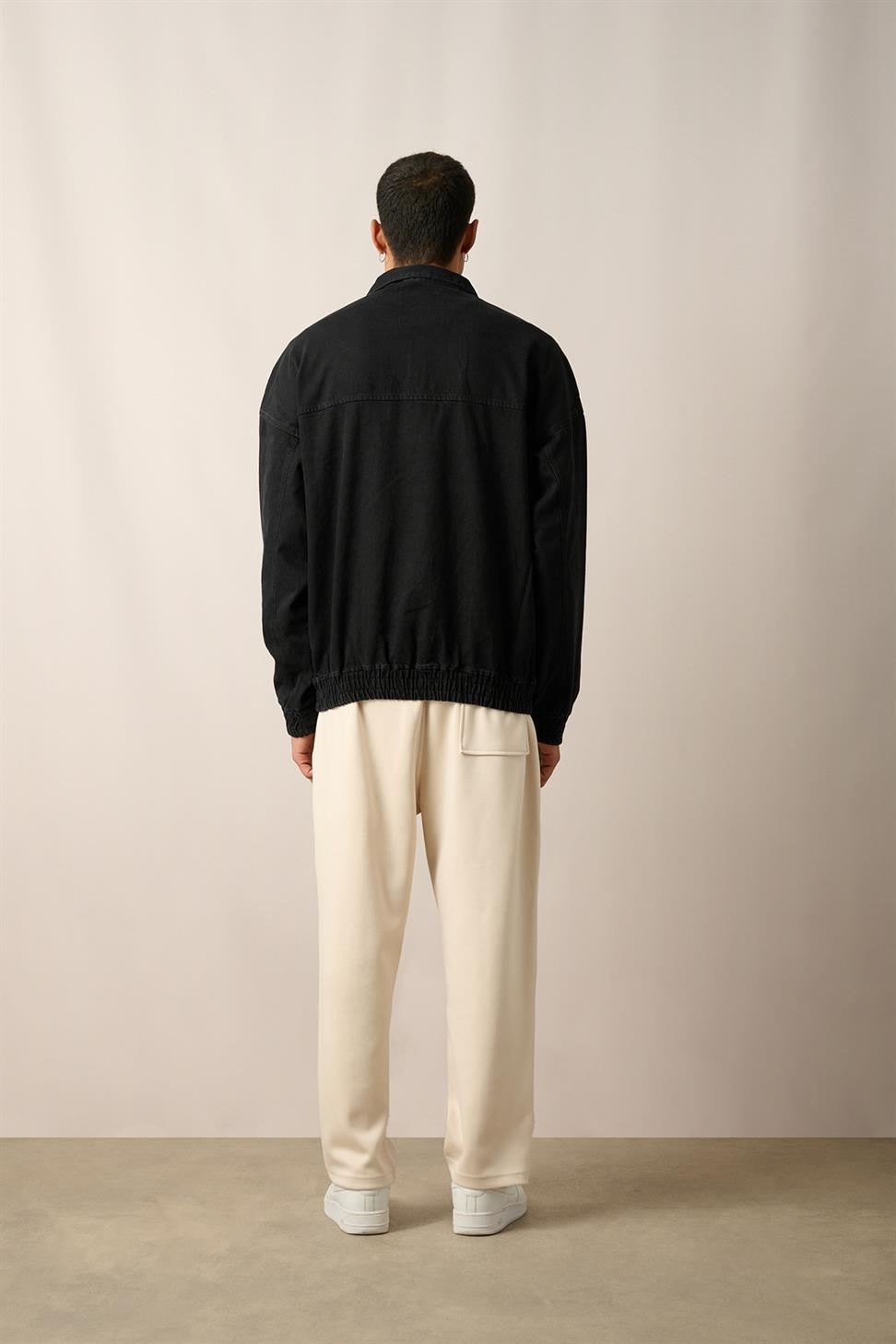 R-2454 Black Half-Zip Denim Sweatshirt with Elastic Hem and Cuffs