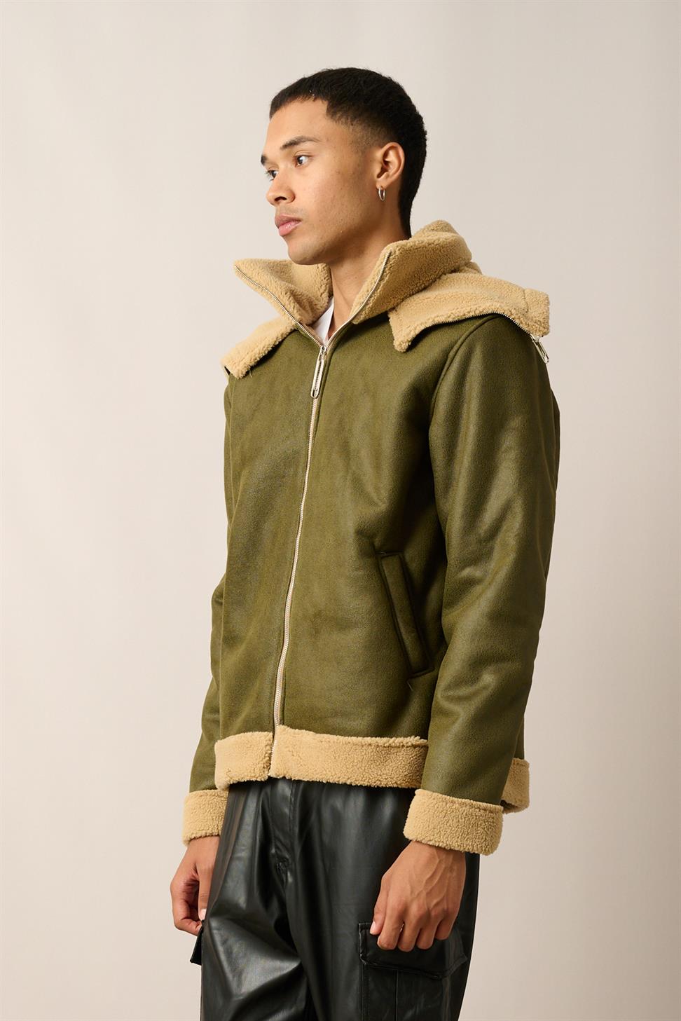 R-2460 Men’s Double Collar Fur-Lined Zip-Up Jacket – Green