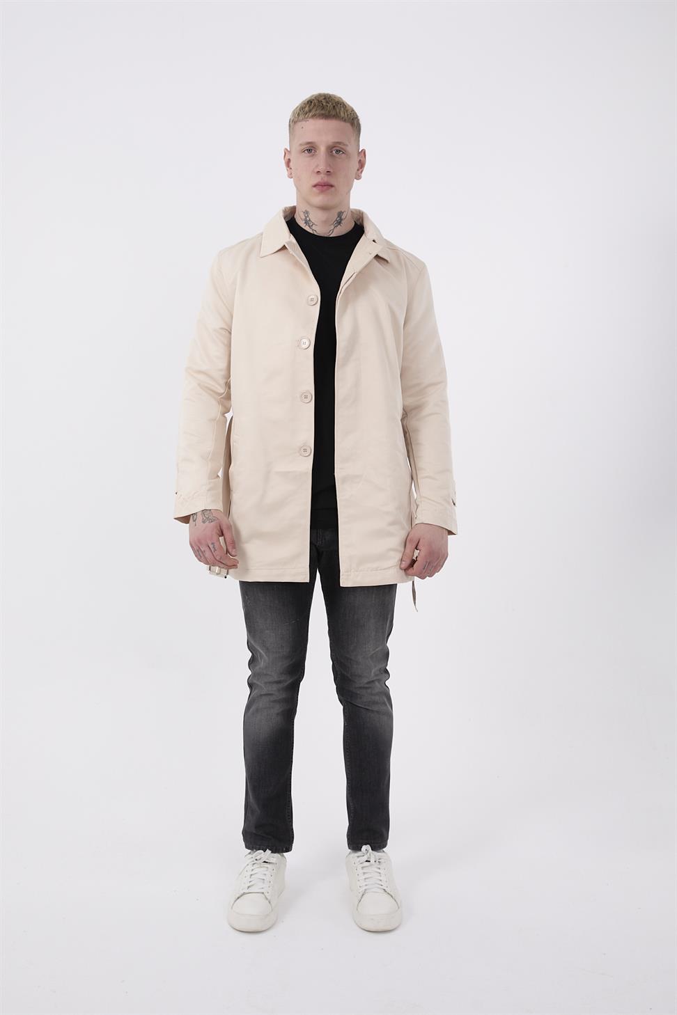 R-2465 Men’s Belted Trench Coat with Epaulette Detail – Beige