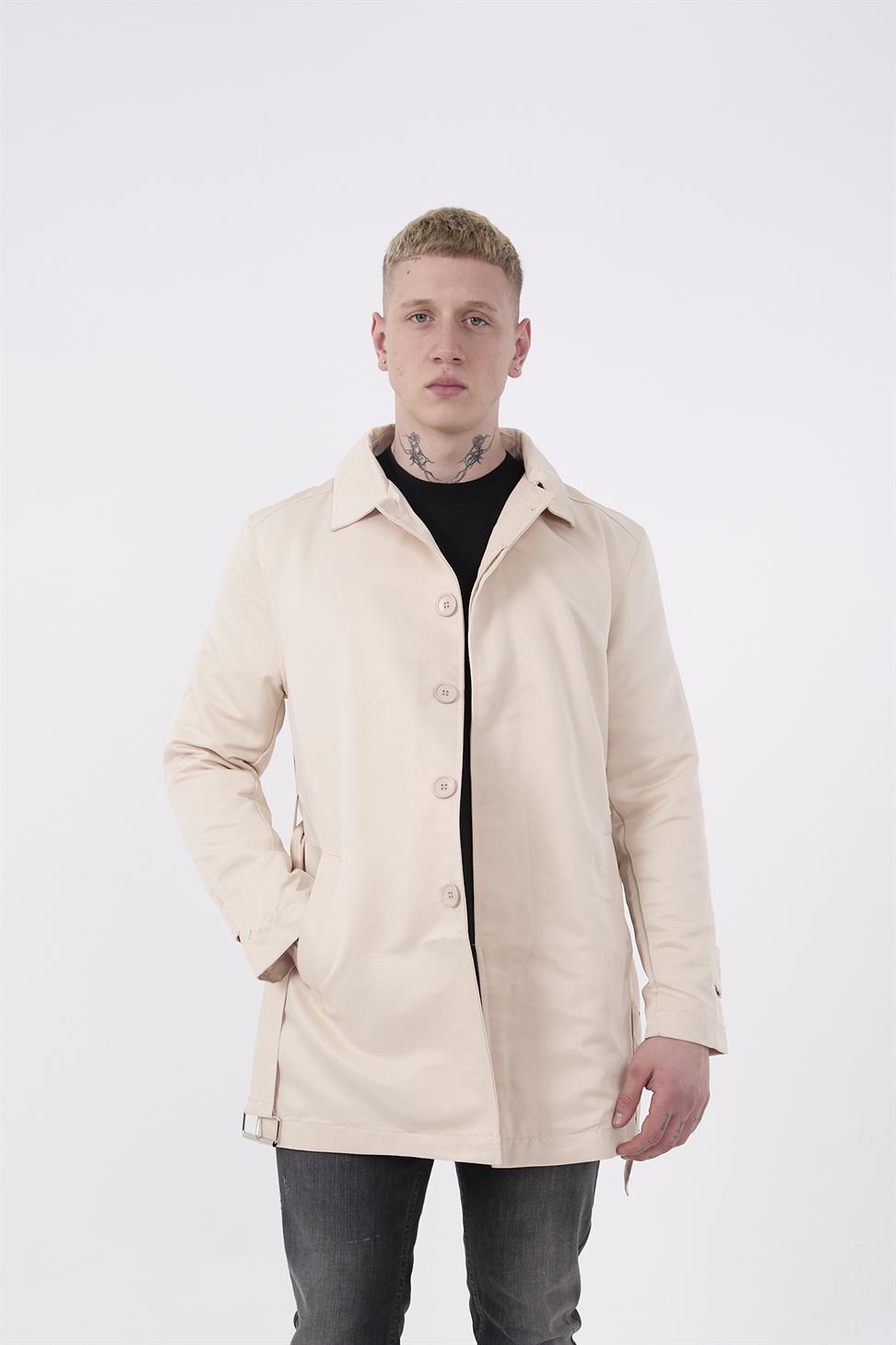 R-2465 Men’s Belted Trench Coat with Epaulette Detail – Beige