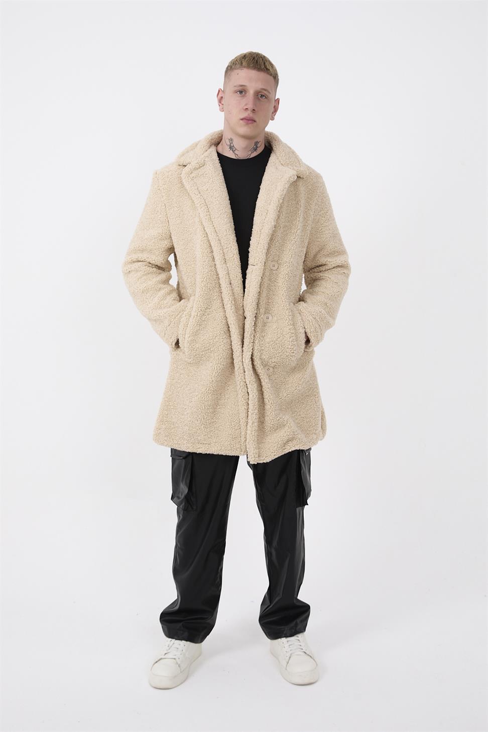 R-2469 Men’s Long Plush Coat with Side Slit and Lining – Beige