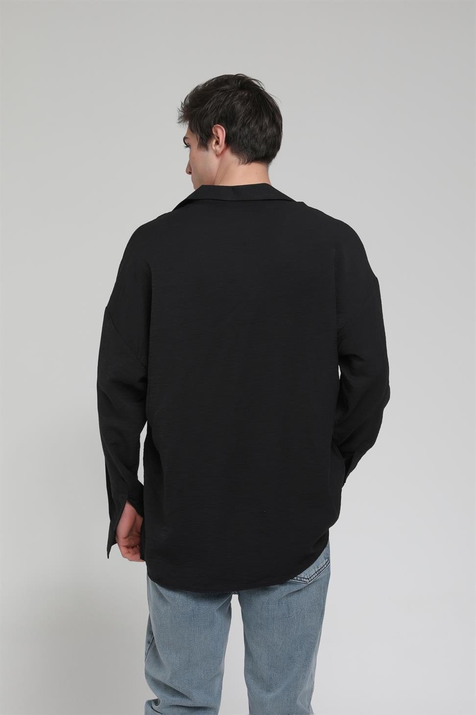 R-3575 Men’s Oversize Long Sleeve Polyester Aerobin Shirt – Cuban Collar, Relaxed Fit
