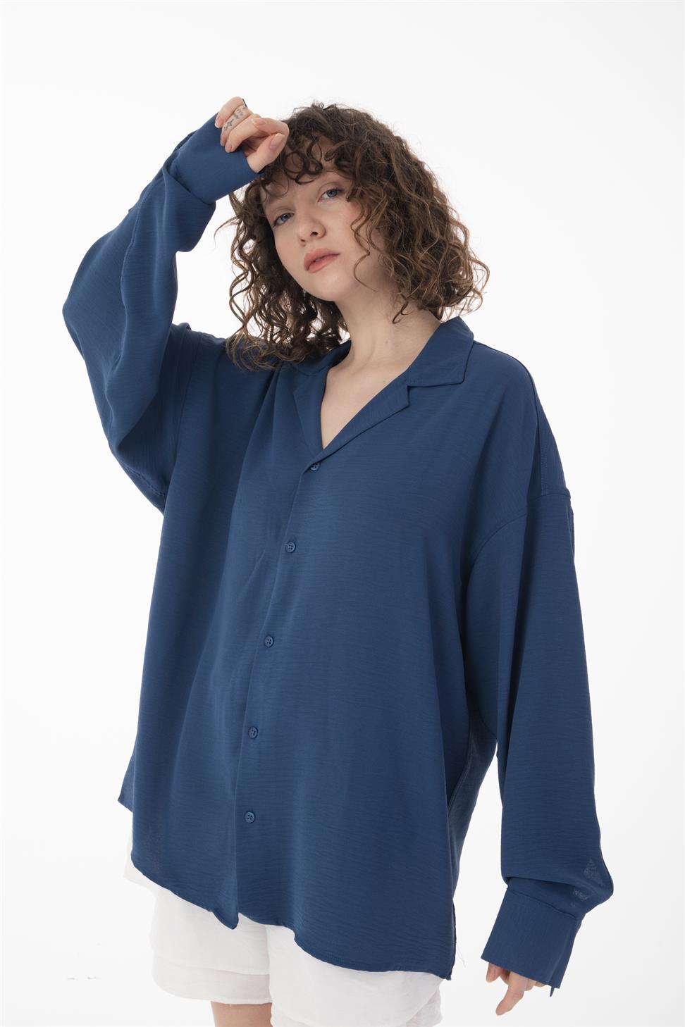 R-3575 Men’s Oversize Long Sleeve Polyester Aerobin Shirt – Cuban Collar, Relaxed Fit