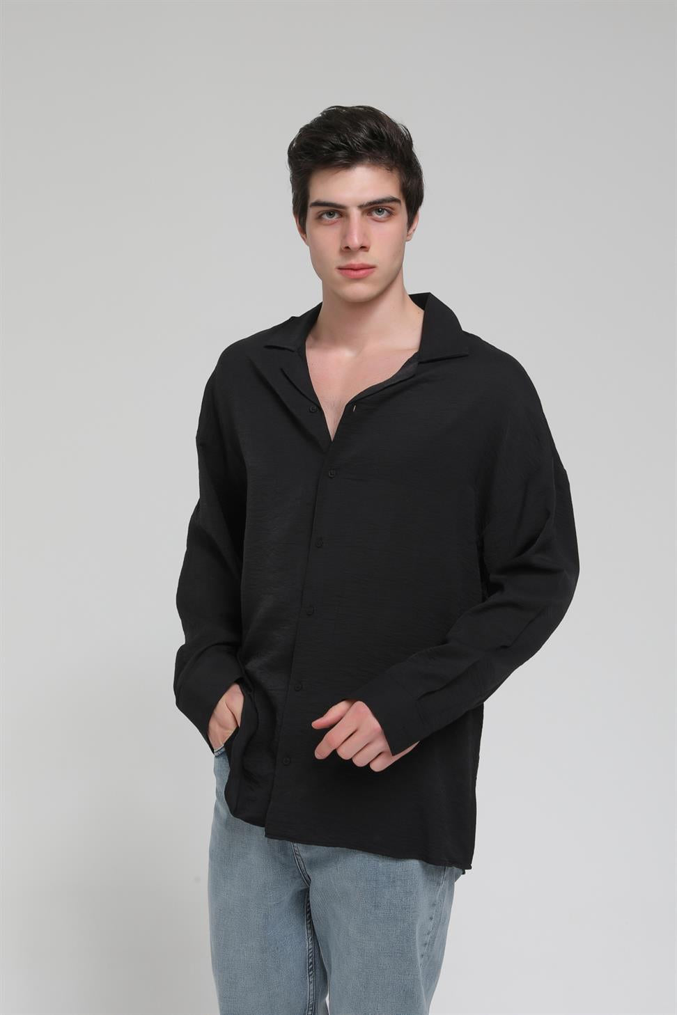 R-3575 Men’s Oversize Long Sleeve Polyester Aerobin Shirt – Cuban Collar, Relaxed Fit