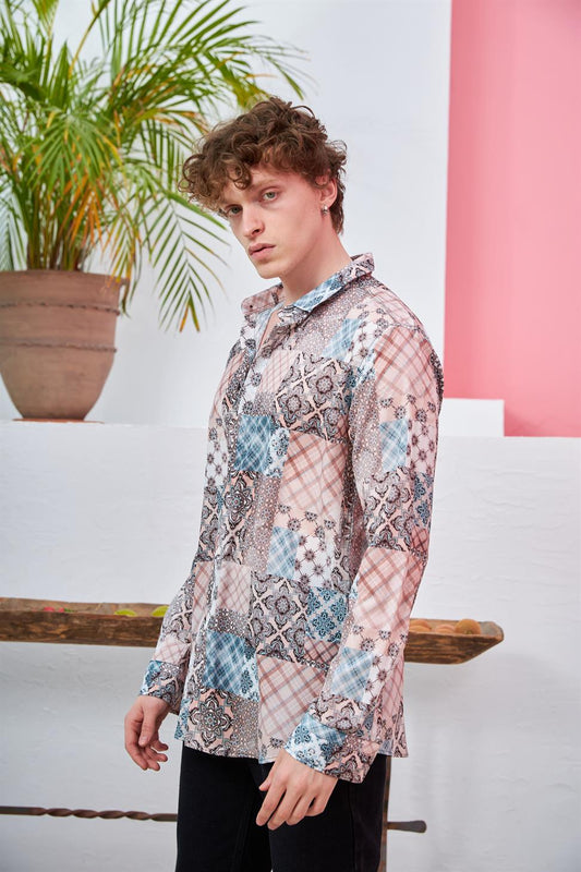 R-3651 Ethnic Kilim Pattern Shirt — Grandad Collar, Concealed Front