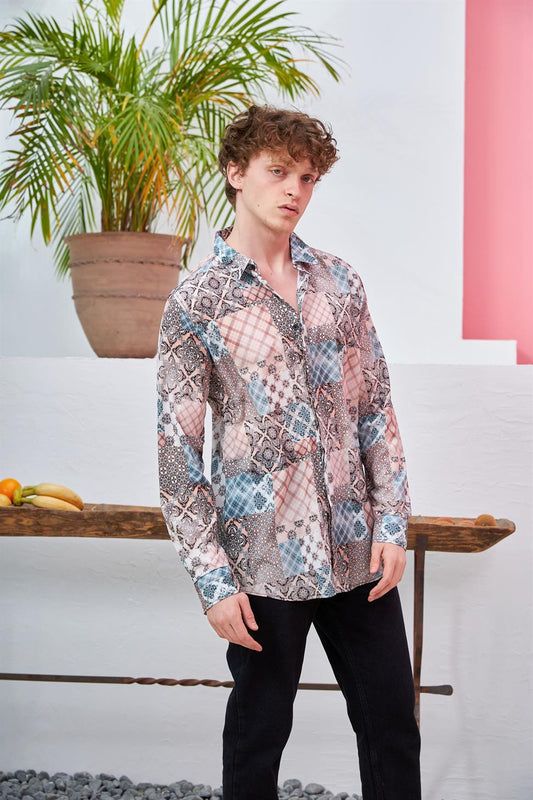 R-3651 Ethnic Kilim Pattern Shirt — Grandad Collar, Concealed Front