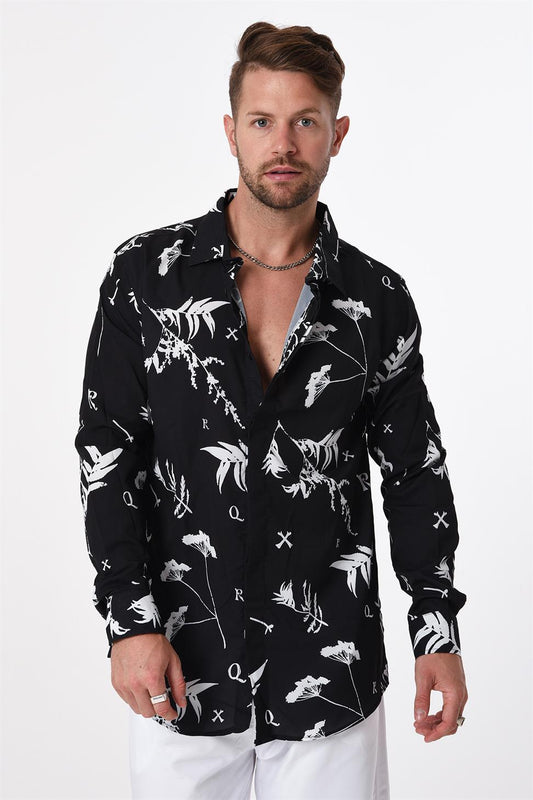 R-3653 Leaf Print Stand Collar Hidden Placket Long Sleeve Shirt
