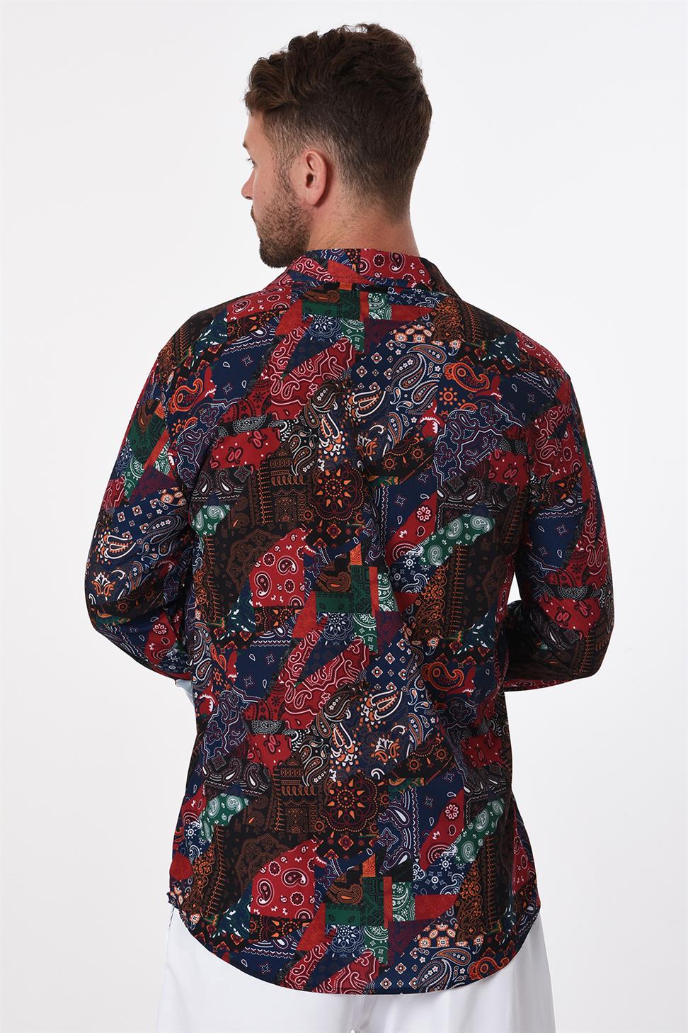 R-3655 Colorful Paisley Stand Collar Hidden Placket Long Sleeve Shirt