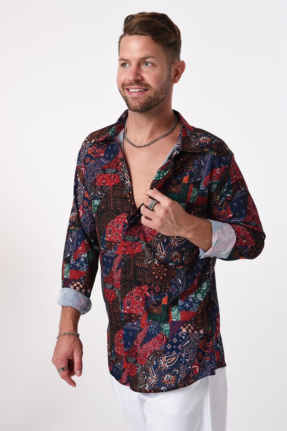R-3655 Colorful Paisley Stand Collar Hidden Placket Long Sleeve Shirt