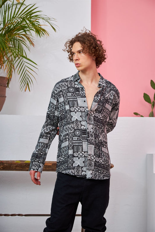 R-3680 Ethnic-Pattern Long-Sleeve Shirt — Hidden Placket,
