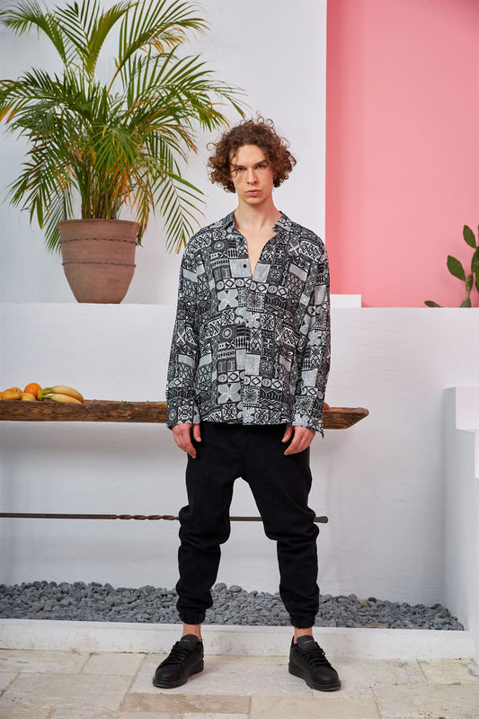 R-3680 Ethnic-Pattern Long-Sleeve Shirt — Hidden Placket,