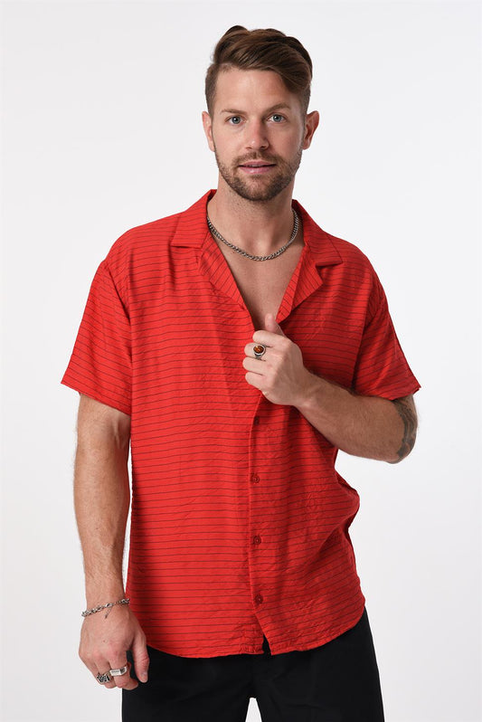 R-3743 Camp-Collar Striped Shirt Lightweight, Short Sleeve
