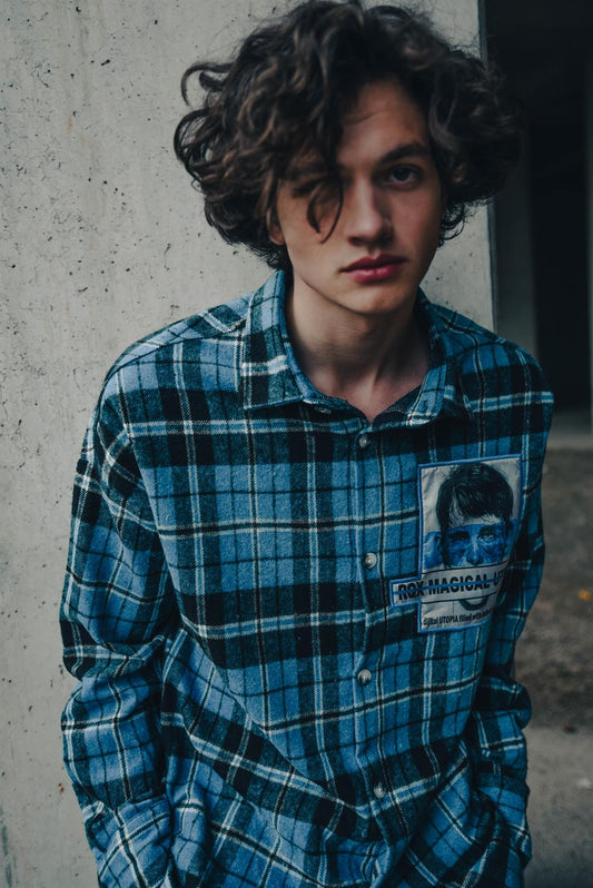 R-3818 Men’s Stand-Collar Check Shirt with Patch Badge