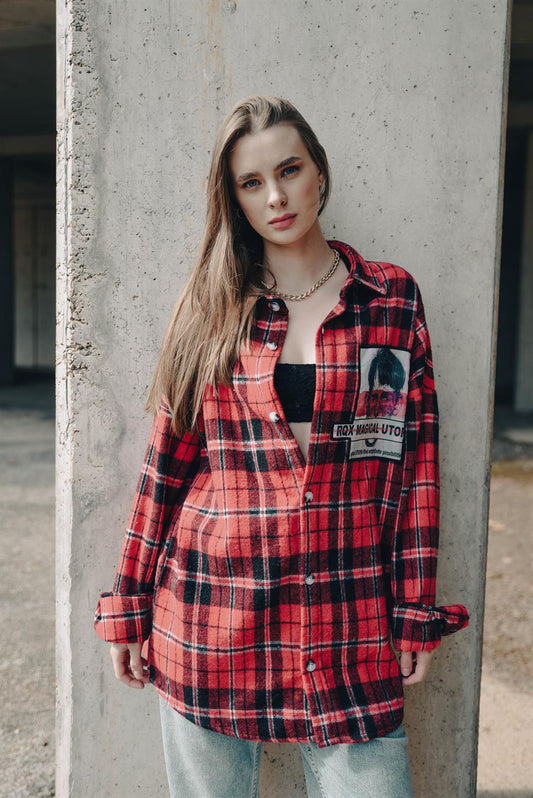R-3818 Men’s Grandad-Collar Checked Shirt — Patch Detail