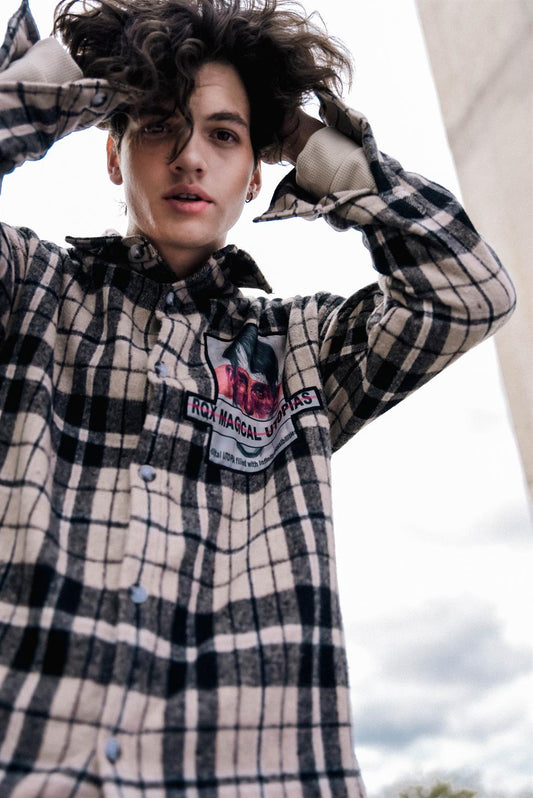 R-3818 Checked Long-Sleeve Shirt for Men — Grandad Collar, Patch Detail