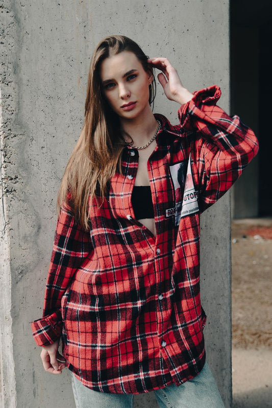 R-3818 Men’s Grandad-Collar Checked Shirt — Patch Detail