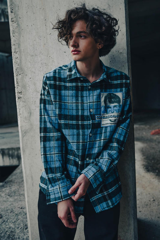 R-3818 Men’s Stand-Collar Check Shirt with Patch Badge