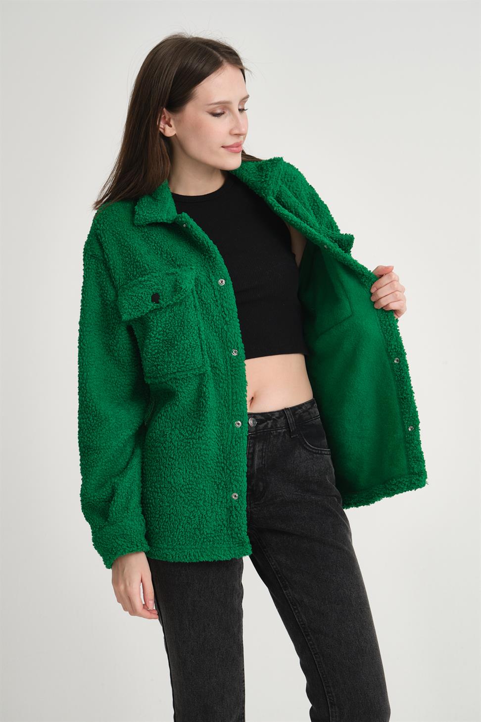 R-3837 Peluş Çift Cep Kapaklı Gömlek