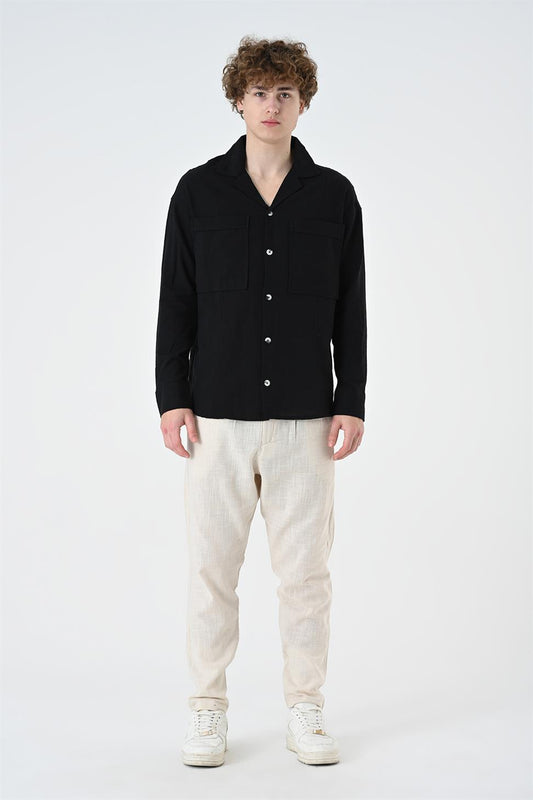 R-3889 Camp-Collar Linen Shirt — Long Sleeve, Dual Chest Pockets