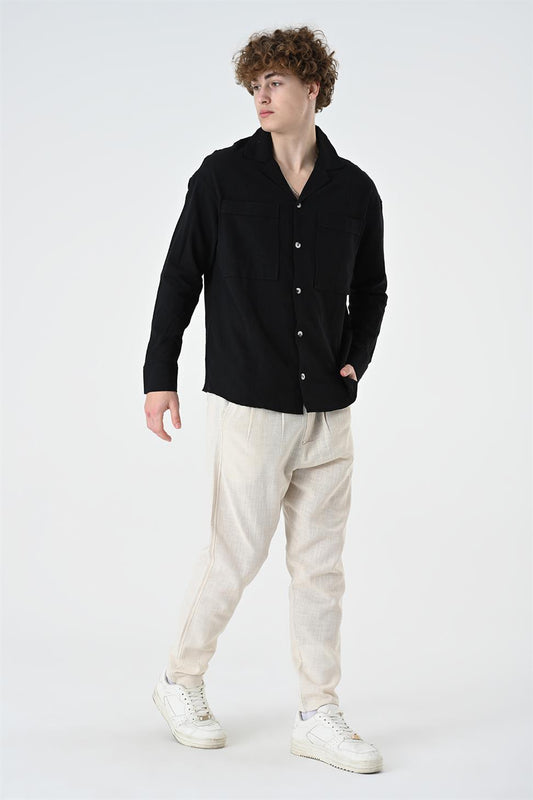 R-3889 Camp-Collar Linen Shirt — Long Sleeve, Dual Chest Pockets